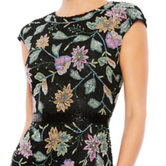 MAC DUGGAL FLORAL BEADED TULLE COLUMN GOWN BLACK MULTI DRESS sz 2 - Picture 4 of 6